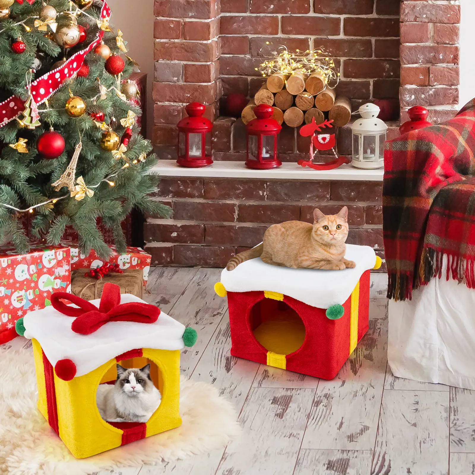 COSTWAY - 2 Gift Box Shaped Cute Christmas Cat House with Bow-Multicolor