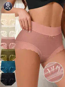 QUASTI 6 Pack Mid Waist Women's Briefs with Scalloped Edges Breathable Comfortable Soft Panties High Elastic Hip Lifting Underwear Fit Everyday Wear Elegant Stylish Design Minimalist Seamless Lady S-XXL