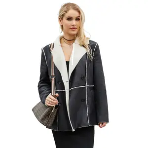 Women's Chic Double Button Pocket Design Fuzzy Trim Detail pu Coat, Casual Long Sleeve Lapel Neck Outerwear, jackets for women, Faux Leather Jacket casual summer top cute  tops  women polished  women  outfits
