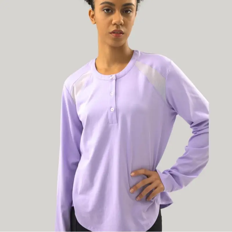 Aarya Women's Slim-Fit Henley Athletic Activewear Tee - 100% Cotton Jersey Long Sleeve, Elastic Breathable Sportswear with Mesh Shoulders, Layered Hem, Flexible Fabric for Fitness Training & Everyday Wear