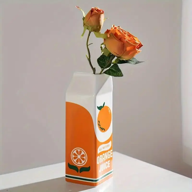 Creative Orange Juice Milk Carton Design Vase, Modern Ceramic Vase, Decorative Flower Vase for Home Living Room Office, Home Decor, Ornaments, Decoration, Decorative Vases for Home Decor