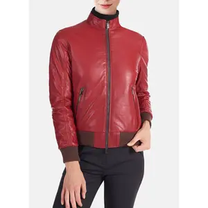 Womens Soft Red Bomber Leather Jacket