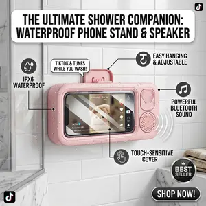 Waterproof Shower Phone Stand with Bluetooth Speaker, 360° Rotatable Wall Mount Phone Holder with Touch Screen, IPX7 Waterproof