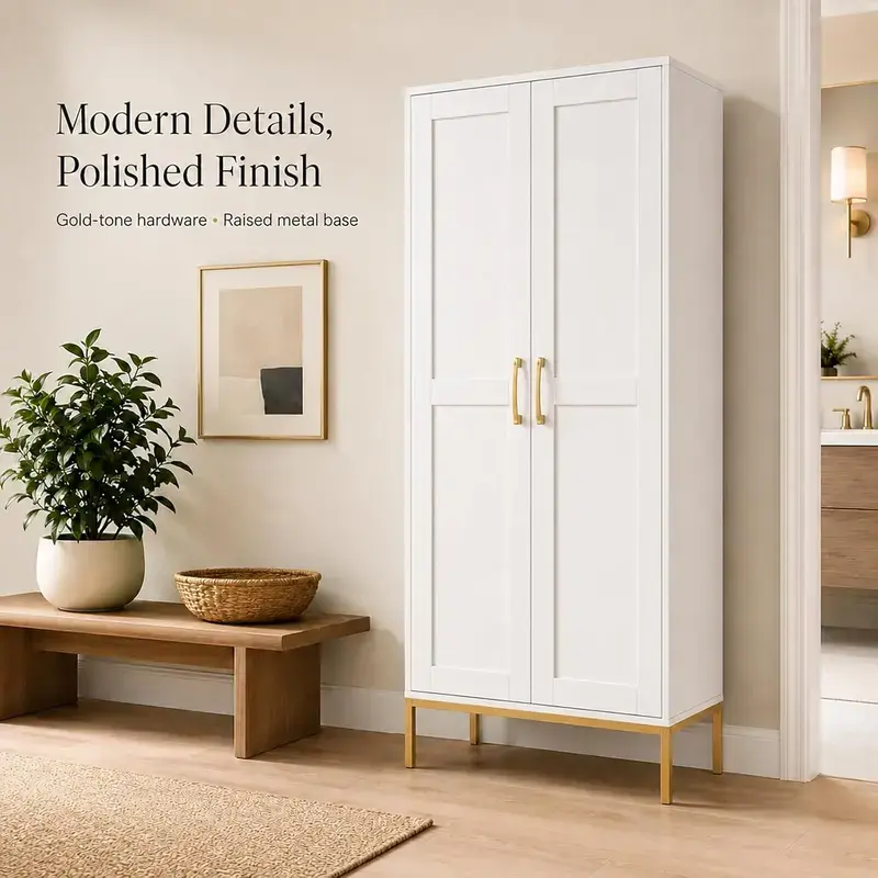 Freestanding White Linen Cabinet for Bathroom, 2 Doors Tall Storage Closet with Gold Hardware, Multi-Purpose Organizer for Laundry Entryway