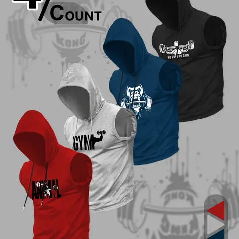Men's Summer Workout Hoodies Set, Casual Fitted Sleeveless Hooded Tops, Multi-Color Training Tank Tops, Fitness Streetwear