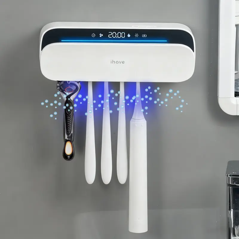iHave UV Toothbrush Sanitizer & Holder - 5-Slot Wall-Mounted Marble Bathroom Accessory, ABS Acrylic Portable Automatic Protector with 4000mAh, 100M Negative Ions, 360° Disinfection, Mold Control, Odor Neutralization, Turbofan Drying