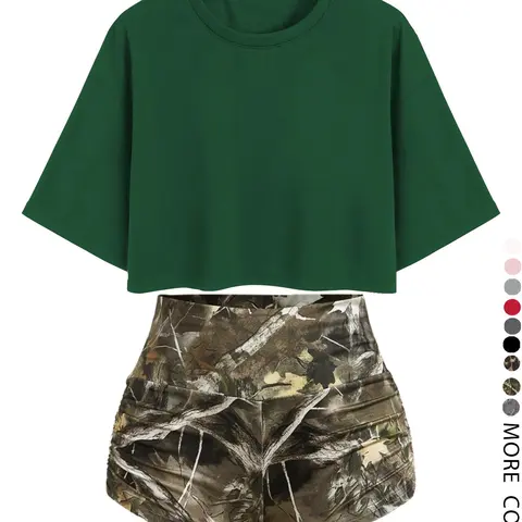 Women's All Over Print Crop Tee & Shorts Two-piece Set, Casual Short Sleeve Top & Shorts for Summer, Matching Outfit Sets for Women, Ladies Clothes for Daily Wear