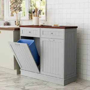 Topwin Vertical Grain Double Door Garbage Cabinet Modern Waste Bin Storage with Spacious Interior Organizing Household Items Trash Can Sensor Wastebasket
