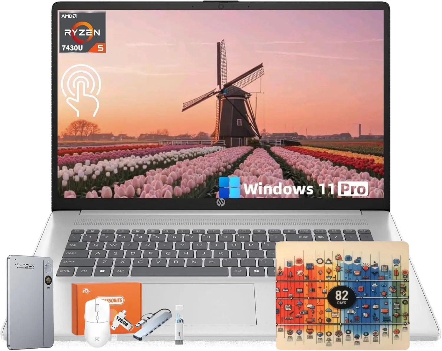HP Flagship 17 Touchscreen Laptop Computer - 17.3" Anti-Glare HD+ Display, Windows 11 Pro, Copilot, AMD Ryzen 5 7430U (up to 4.3GHz), Wi-Fi 6, Numeric Keypad, 16/32/64GB RAM, 512GB/1TB/2TB SSD, AI Voice Recorder