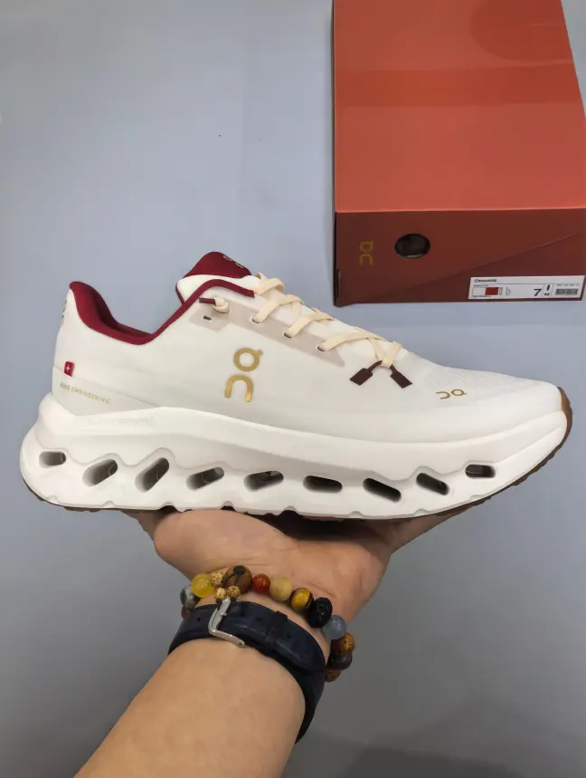 Men Women Trendy Chunky Wave Sole Shoes, Cream White Upper with Red Trim, Non Slip Outsole, Casual Walking & Training Sneakers