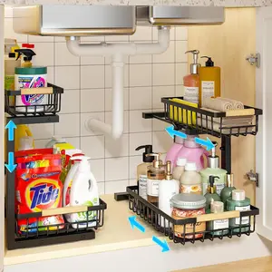 Under Sink Organizer, 2 Pack Height Adjustable Under Sink Organizers and Storage, 2 Tier Pull Out Drawer Cabinet Storage for Kitchen Bathroom