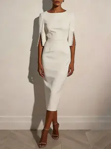 A women's camel-colored, mid-sleeve, boat-neck, figure-hugging, mid-length, slit-spliced pearl-decorated elegant Chic dress, suitable for summer, suitable for formal occasions such as evening parties, business banquets, or weddings.