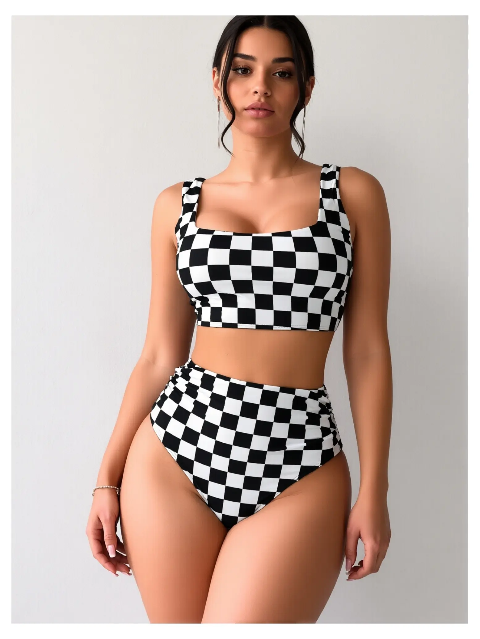 Checkerboard Bikini Set Women - Black White High Waisted Two Piece Swimsuit - Square Neck Crop Top Bathing Suit - Vintage Retro Swimwear for Teens Girls