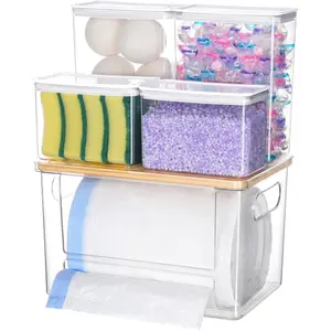 iCASA Trash Bag Dispenser Dishwasher Pods Container, 5 in 1 Garbage Bags Holder Under Sink Organizer Acrylic Laundry Pod Detergent Powder Container, Kitchen Pantry Laundry Room Organization Storage