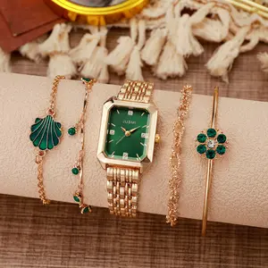 Valentine’s Day Emerald Watch Gift Set - Boho Chic Floral Diamond Jewelry Bundle (Square Gold Watch for Her)