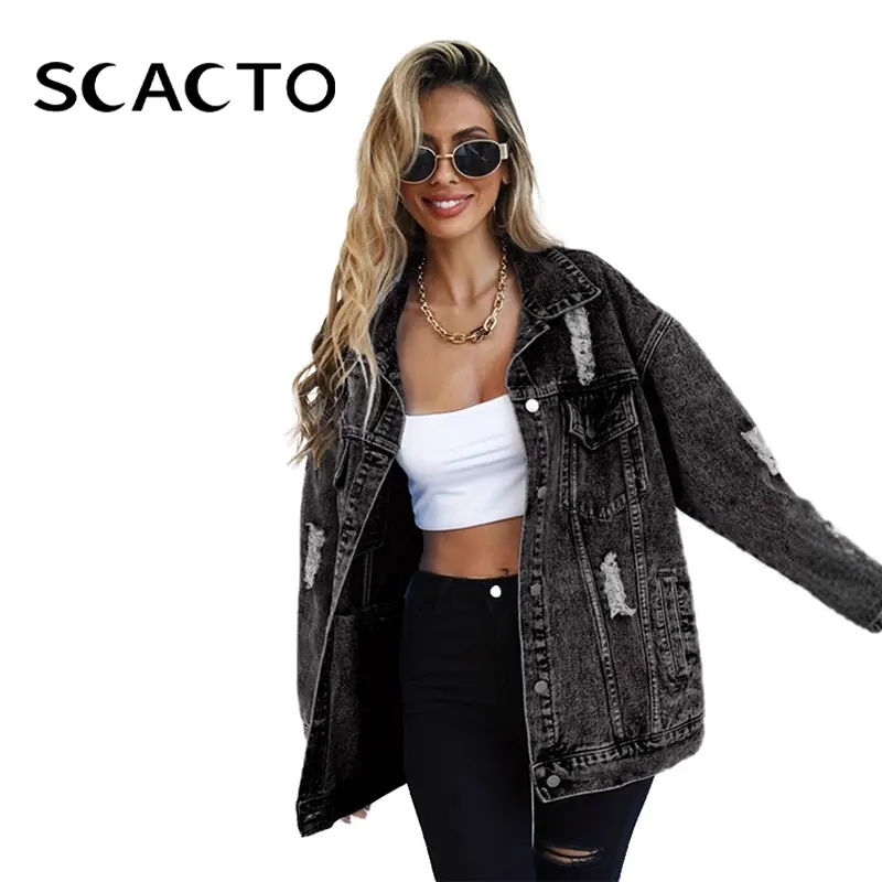 Scacto Women's Oversized Distressed Denim Jacket, Vintage Washed Boyfriend Fit Jean Jacket with Ripped Details, Casual Streetwear Layering Coat, Four Season Wardrobe Essential
