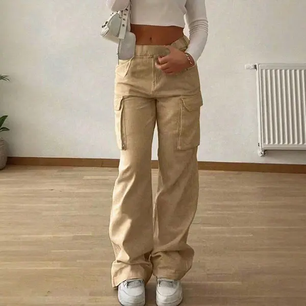 Teen Girls Multi Pocket Wide Leg Cargo Pants Elastic High Waist Loose Straight Casual Streetwear Bottoms for Back To School Daily Wear