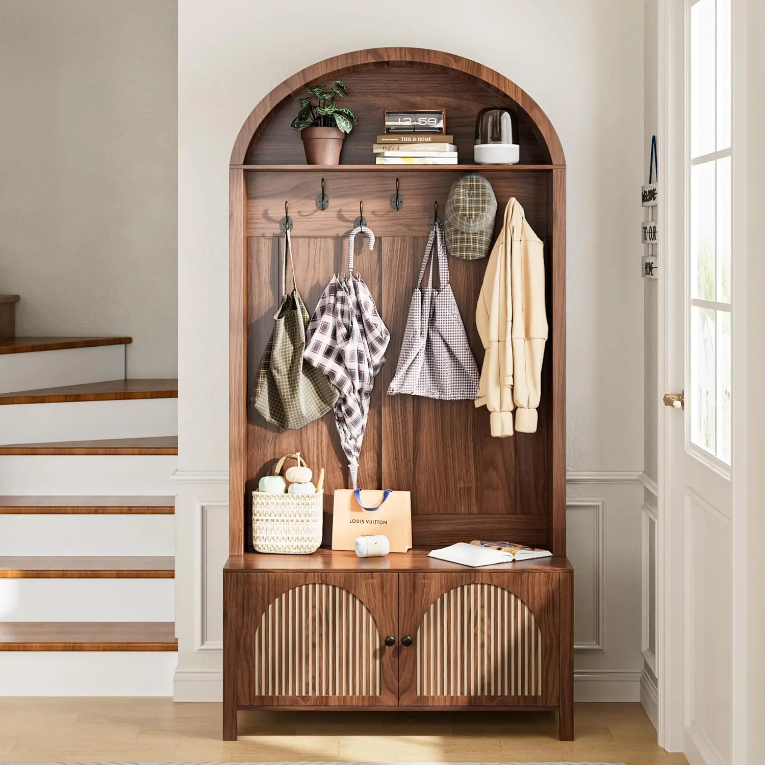 Rustic Farmhouse Hall Tree - Sturdy MDF Wood Entryway Table (39.37x15.74x78.74in, 200lbs Capacity) with 7 Hooks, Adjustable Shelves, Shoe Storage, Self-Standing Coat Rack, Anti-Tip Devices, Walnut Apartment Furniture (Assembly Required)