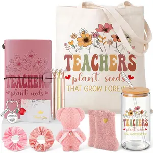 Colarr 12 Pcs Teacher Appreciation Gifts for Women Pink Thank You Basket Gifts Box for Teacher's Day 16oz Glass Cup with Straw and Lid Canvas Bag Notebook Ballpoint Pens Keychain Card and Towel Set