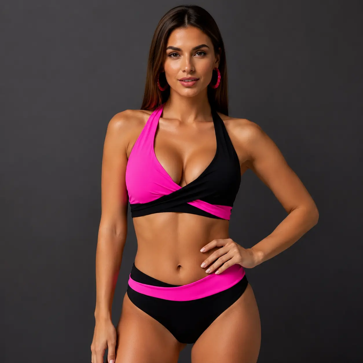 Black Pink Color Block Halter Bikini Set Women Two Piece Swimsuit Deep V Wrap Front Swimwear High Leg Bottom Graphic Contrast Beach Vacation Resort Poolside Bikini Set for Summer Travel and Seaside Getaway Wear