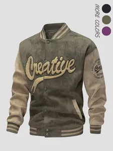 Men's Letter Embroidery Patchwork Button Front Varsity Jacket, Loose Casual Long Sleeve Mock Neck Outerwear for Fall & Winter, Men's Clothes for Daily Wear