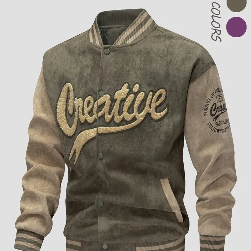 Men's Letter Embroidery Patchwork Button Front Vintage Varsity Jacket, Loose Casual Long Sleeve Mock Neck Casual Style for Fall & Winter, Men's Clothes for Daily Wear, Loose Jackets