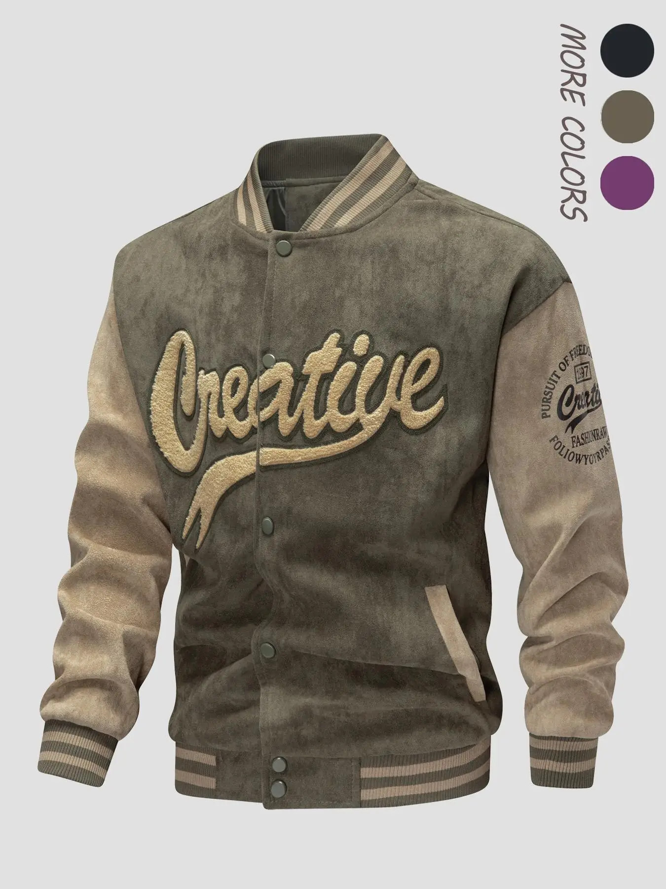 Men's Letter Embroidery Patchwork Button Front Varsity Winter Jacket, Loose Casual Long Sleeve Mock Neck Outerwear Coats Jackets for Fall & Winter, Me