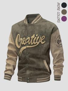 men's letter embroidery patchwork button front varsity winter jacket, loose casual long sleeve mock neck outerwear coats jackets for fall & winter, men's clothes for daily wear, menswear