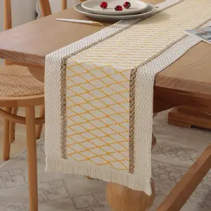 Boho Burlap Table Runner, Farmhouse Style Cotton Rustic Woven Table Runner with Tassels for Dining, Wedding, Bridal Shower, Bohemian (12x72 inch, Yellow Grid)
