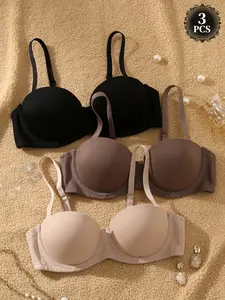 Women's Everyday Casual Strapless Bra, Versatile Underwire Design, Medium Support, All-Season Comfort, Plain Fitted Lining, Underwire Bras