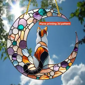 Cat & Moon Design Kitty Hanging Decor, 1 Count Stained Glass Ornament, Window Hanging Decoration for Living Room Bedroom