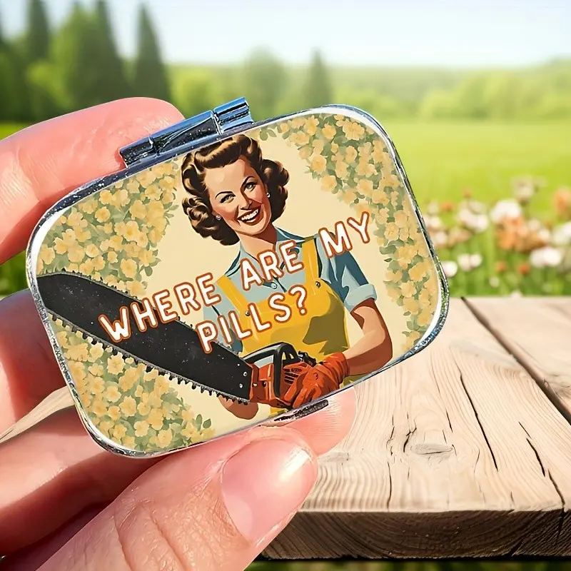 Retro Vintage Chainsaw Lady Pill Case, Funny Where Are My Pills? Design, Compact 2 Compartment Travel Pill Organizer with Mirror, Vitamin Organizer, Supplement Organizer, Vitamin Dispenser
