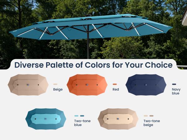 [RGB LED] PHI VILLA 13ft/15ft Double-Sided Patio Umbrella with RGB Solar LED Lights, Double Vent Top & Base – Extra Large Backyard & Pool Umbrella