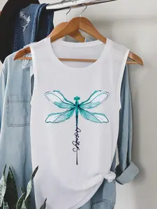 Women's Dragonfly & Letter Print Tank Top, Casual Sleeveless Round Neck Top for Daily Wear, Ladies Clothes for All Seasons