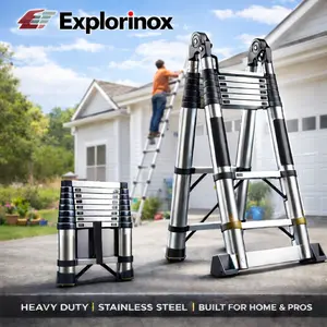 Explorinox Telescoping Extension Ladder, Stainless Steel Folding Telescopic Ladder with Locking Mechanism, Multi-Purpose Collapsible Ladder for Home or RV Outdoor Work, Heavy Duty 330 lbs Load