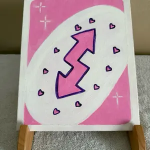 Girly Uno Card with Pink Hearts on Canvas Hand Painted Acrylic Painting Featuring a Pink Arrow Design