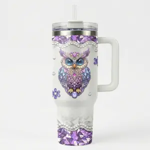 40oz Insulated Travel Coffee Mug with Artistic Owl Print, Unique Purple Bird Lover Gift, Mother's Day Surprise for Women, Large Capacity Hydration Flask