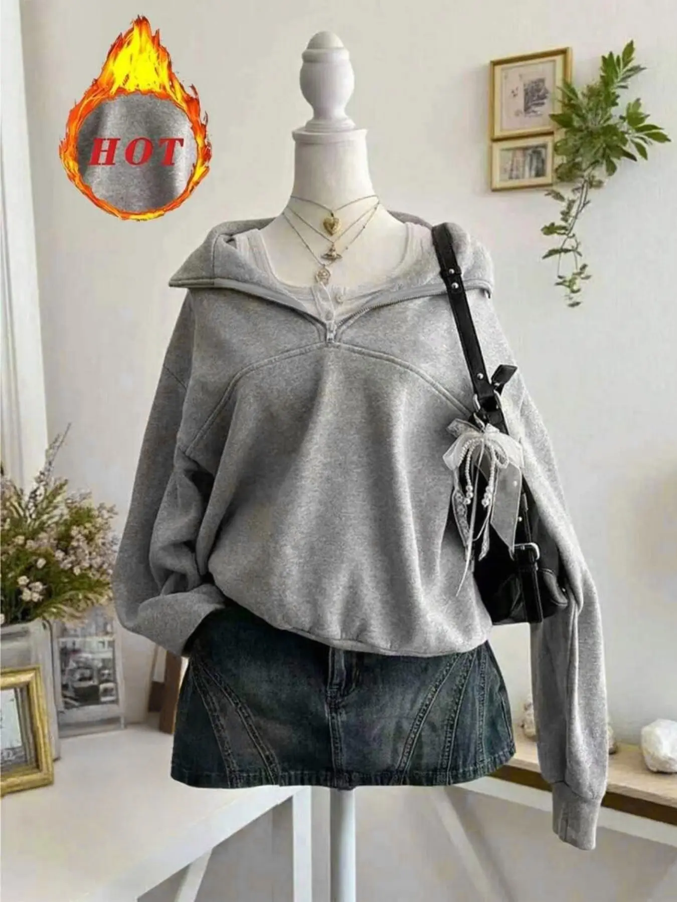 Women's Loose-Fit Zip-Up Pullover Hoodie Sweater Sweatshirt, Back-To-School Graduation Teacher Casual Wear, Everyday Fashion Autumn Winter Clothing