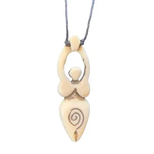 Hand-Carved Bone Fertility Goddess Necklace - 2.5” Pendant with Spiral Design-Lobster Clasp, 20” Hemp Cord-Unisex-Natural Look-jewelry-women
