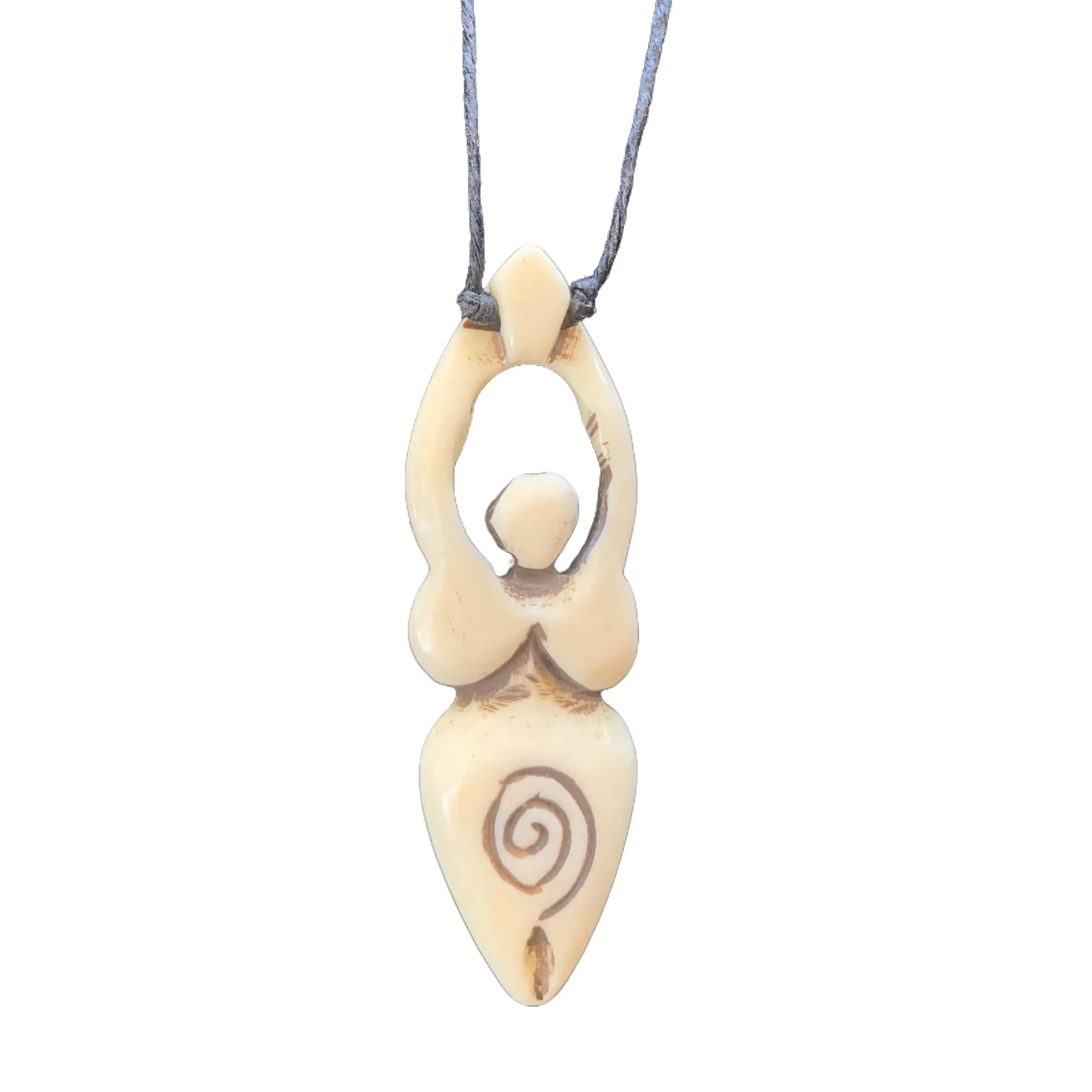 Hand-Carved Bone Fertility Goddess Necklace - 2.5” Pendant with Spiral Design-Lobster Clasp, 20” Hemp Cord-Unisex-Natural Look-jewelry-women