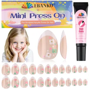 EBANKU 24 Pcs Press on Nail kids, Mini Flowers Fake Nails French Press on Nail Short Artificial False Nail Kits for Kids Girls with Nail Glue