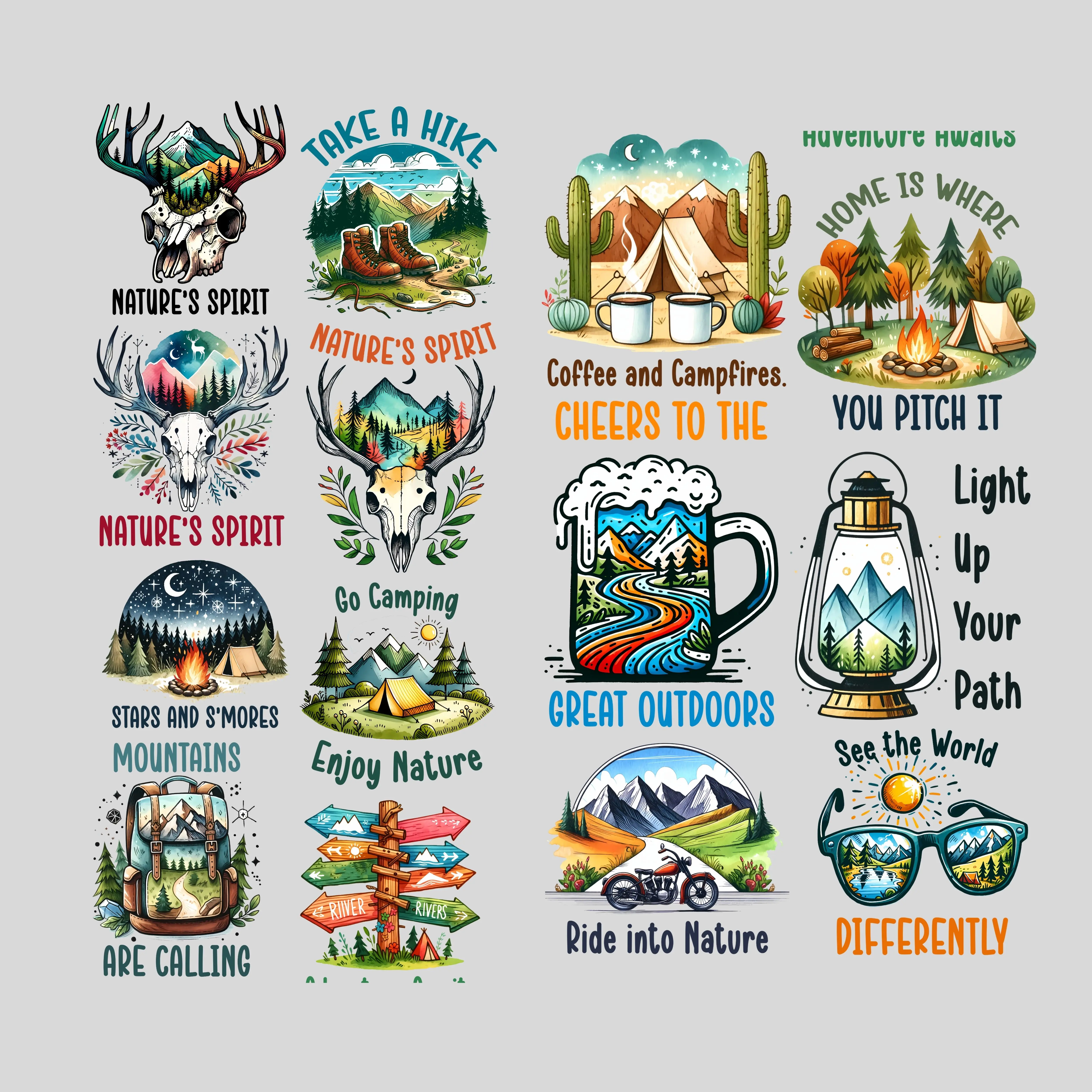 Camping premade DTF gang sheet- 20 prints, Camping Premade DTF Gang sheet, Camping transfers