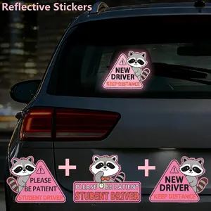3pcs/1 Set New Driver or Student Driver Keep Distance Cute Raccoon Reflective Car Stickers, High Strength Night Driving Safety Warning Decals, Self-Adhesive Cartoon Animal Stickers Gift
