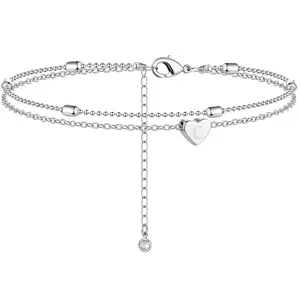 TEWIKY Silver-Plated Double-Layer Letter Anklet with Beaded Chain & Heart Letter Perfect for Valentine's Day Gift