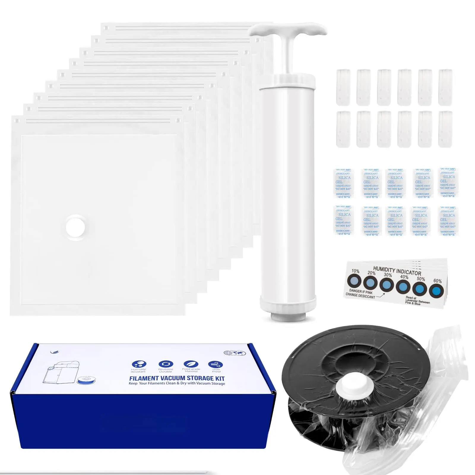 3D Printer Filament Storage Vacuum Bags Kit-Reusable Bag *10 Pack 35 * 40cm with 10 Desiccants /10 Humidity Card Clips/1 Hand Pump DustProof and Resistant for Keep Clean & Dry