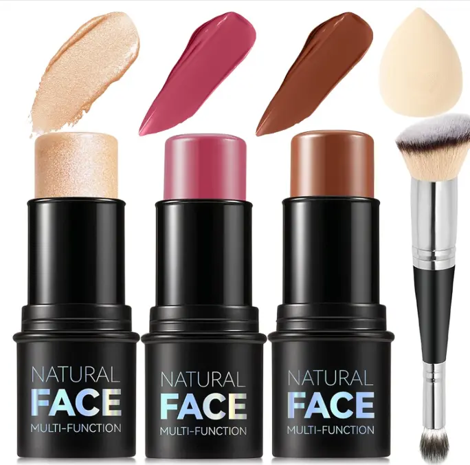 3Pcs Cream Contour Stick Makeup Kit, Shades with Highlighter, Blush and Bronzer Contour Stick for Sculpt the Cheeks, Long Lasting, Waterproof, Matte & Dewy Finish (LIGHT FAIR(8+10+12))