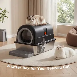 24In Stainless Steel Cat Litter Box with Fully Enclosed 30L Large Cat Litter Box for Big Cats, Cat Box Scoop and Mat Included