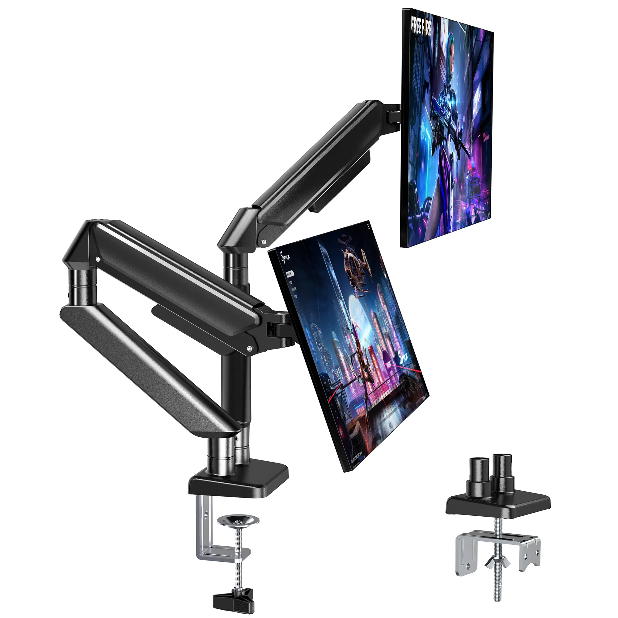 FORFING Ergonomic Dual-Arm Gas Spring Dual Monitor Desk Stand - Rustic Finish, Sturdy Aluminum Mount for 2 13-32 in Monitors (19.8 lbs Per Arm), VESA 75x75/100x100 Compatible, C-Clamp & Grommet Included