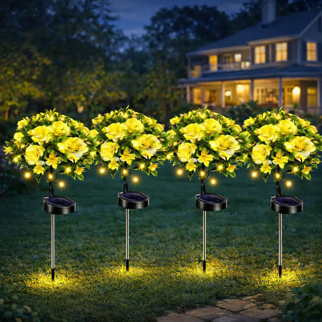 4 Pack Solar Carnation Flower Lights, Warm White LED Waterproof Garden Stake Lights, Auto Dusk to Dawn Solar Pathway Decor