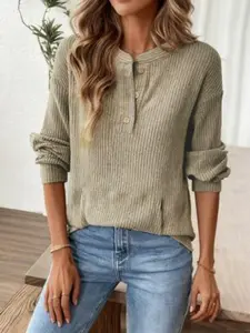 Women's Casual Knit Sweater, Fit, Long Sleeve Half Button Neck, Commuter Versatile Style, Kangaroo Pocket, Ribbed Sleeves, Daily Wear, Tops
